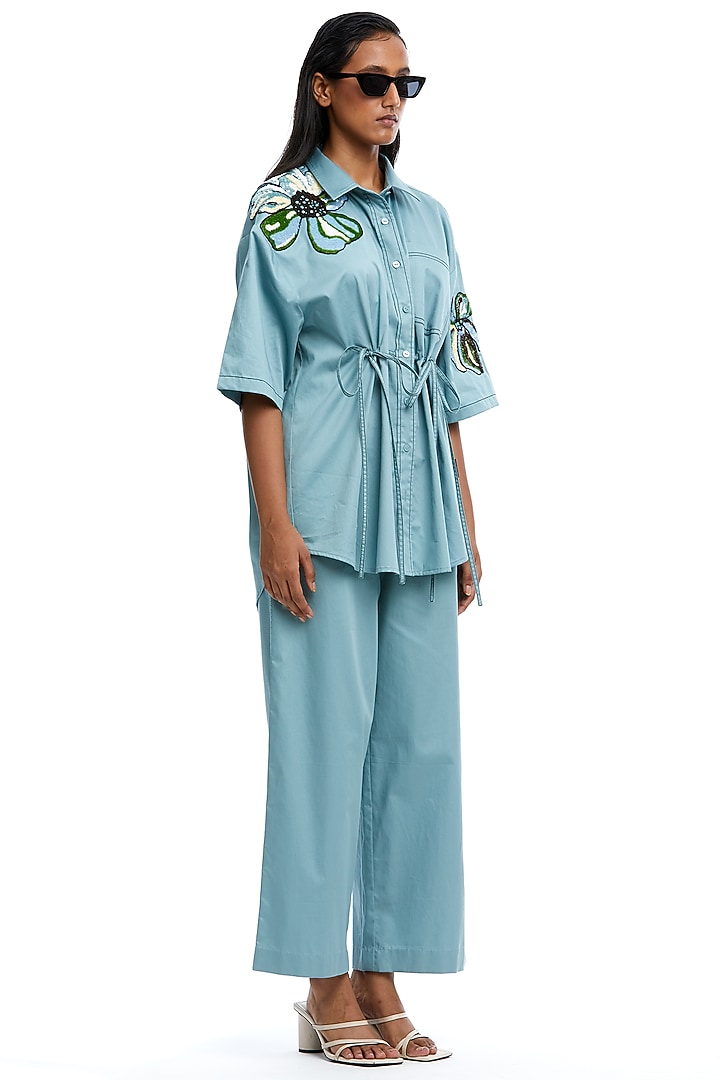 Blue Cotton Hand Embellished Co-Ord Set by Kanika Goyal at Pernia's Pop Up Shop