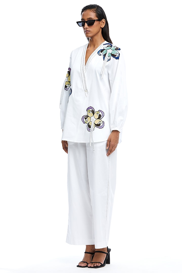 White Cotton Hand Embellished Co-Ord Set by Kanika Goyal at Pernia's Pop Up Shop
