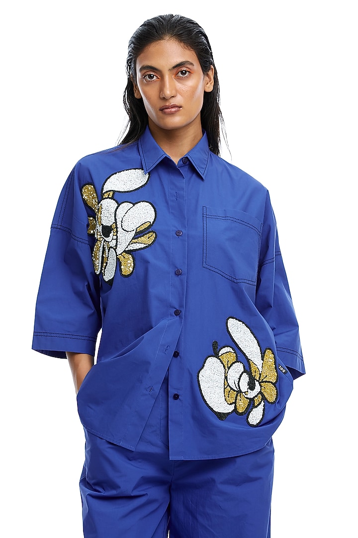 Blue Cotton Embellished Co-Ord Set by Kanika Goyal at Pernia's Pop Up Shop