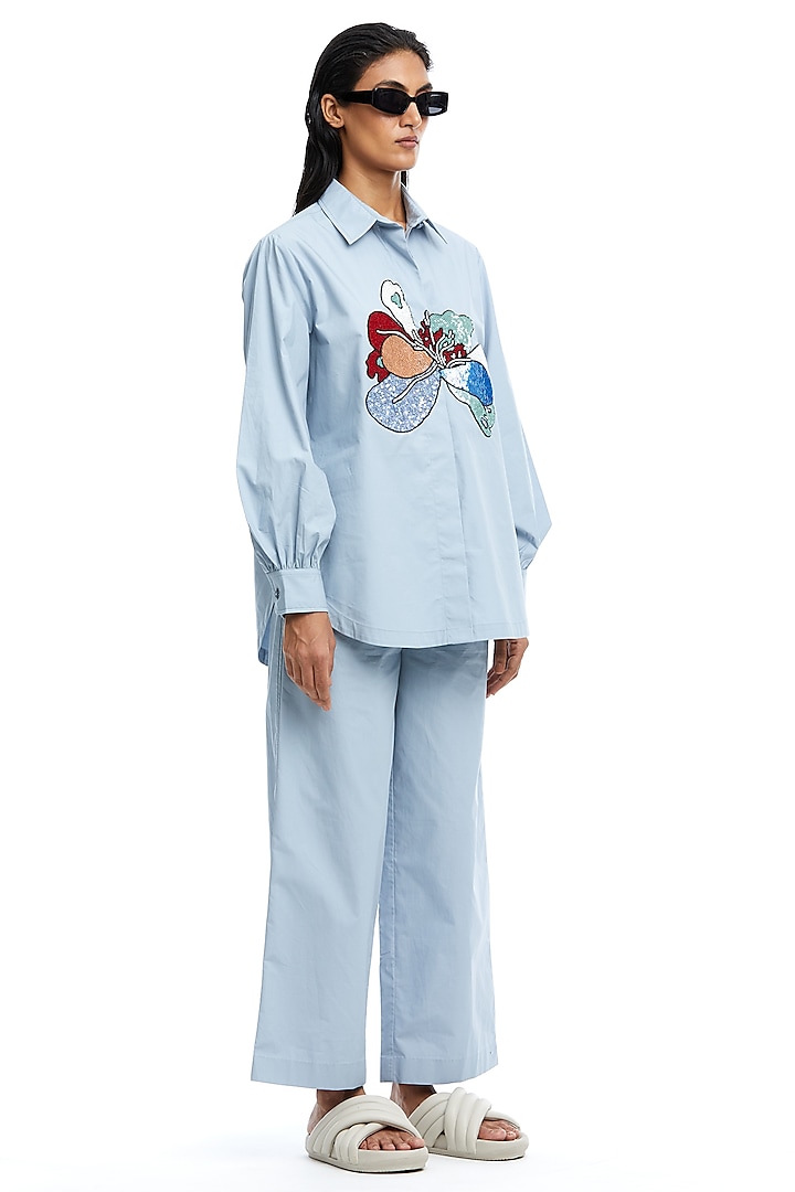 Blue Cotton Hand Embellished Co-Ord Set by Kanika Goyal at Pernia's Pop Up Shop
