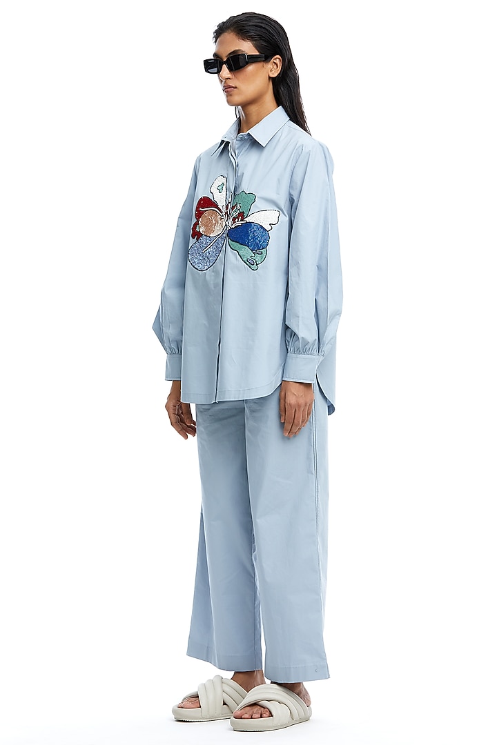 Blue Cotton Hand Embellished Co-Ord Set by Kanika Goyal at Pernia's Pop Up Shop