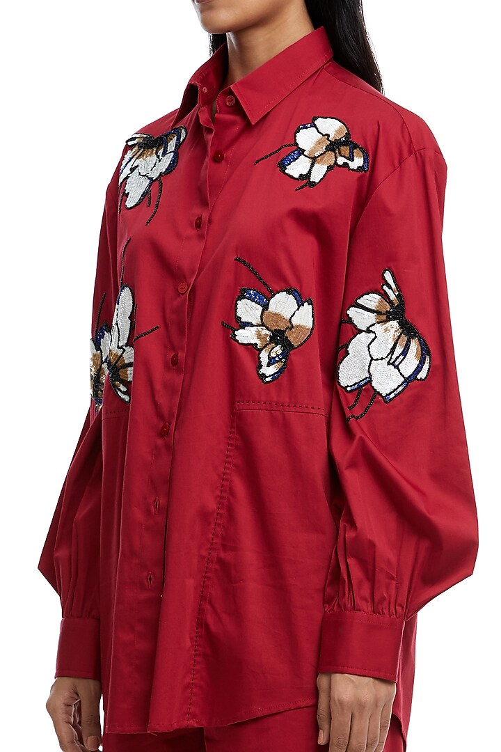 Red Cotton Hand Embellished Co-Ord Set by Kanika Goyal at Pernia's Pop Up Shop