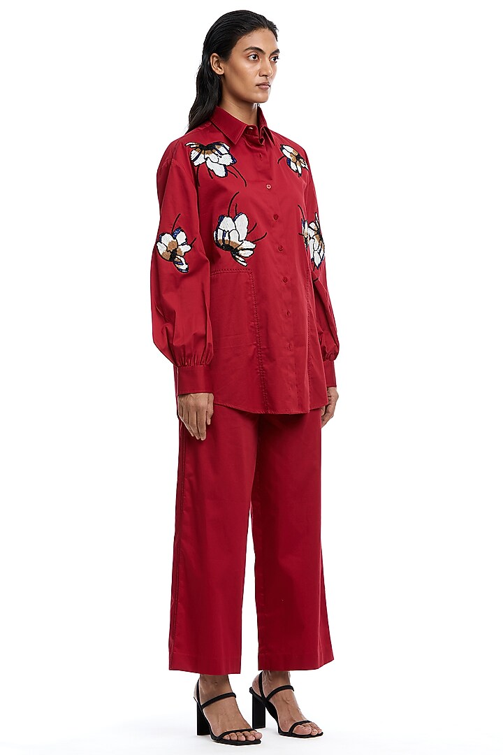 Red Cotton Hand Embellished Co-Ord Set by Kanika Goyal at Pernia's Pop Up Shop