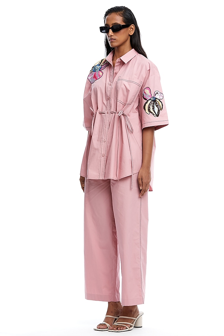 Pink Cotton Embroidered Co-Ord Set by Kanika Goyal at Pernia's Pop Up Shop