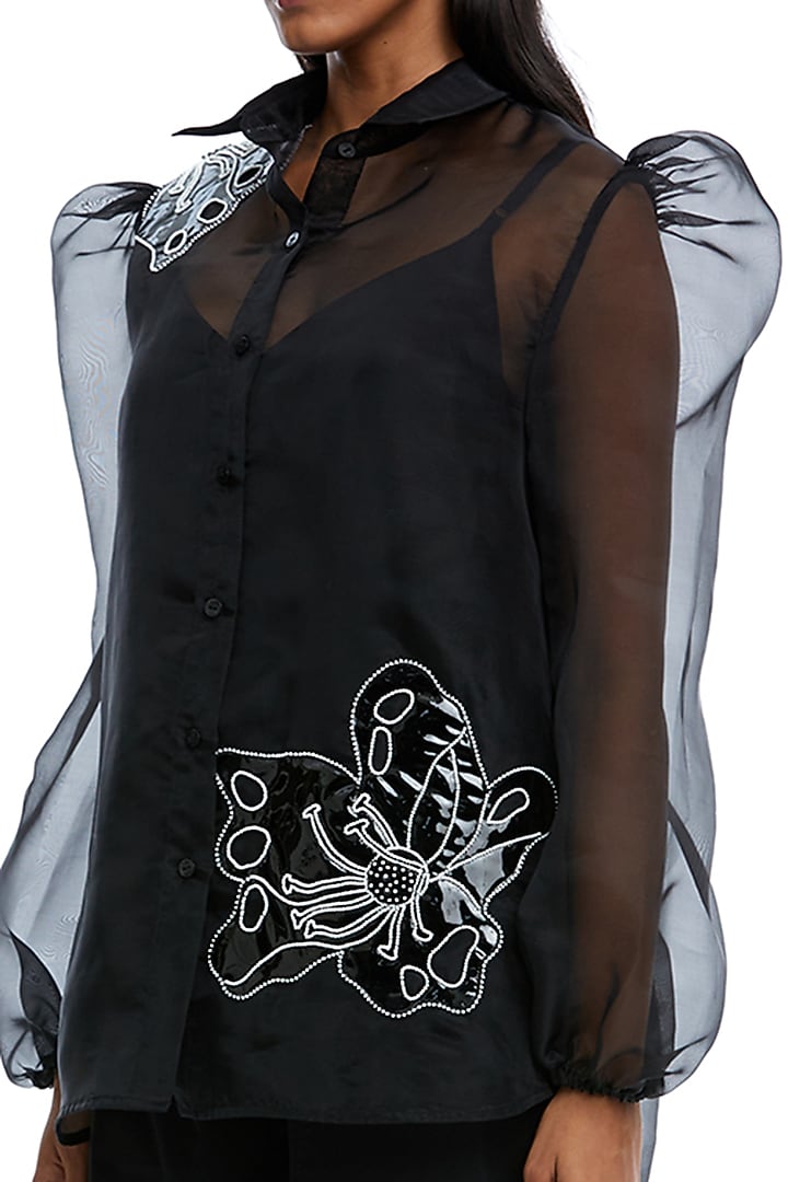 Black Organza Embellished Co-Ord Set by Kanika Goyal at Pernia's Pop Up Shop