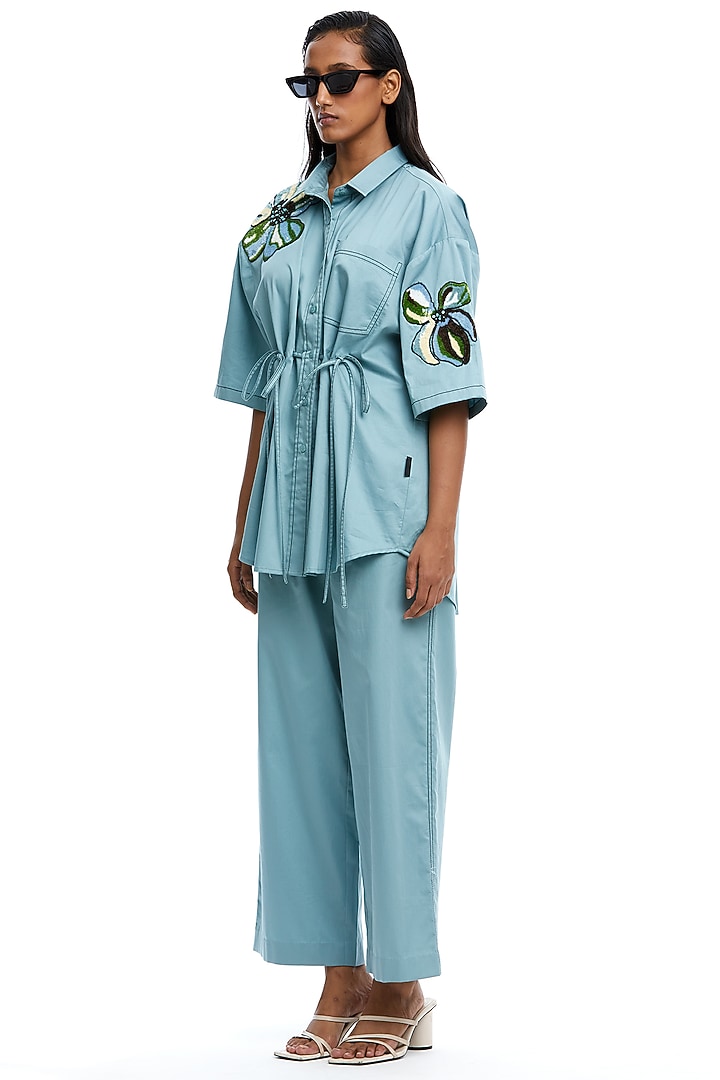 Blue Cotton Ruched Embellished Shirt by Kanika Goyal at Pernia's Pop Up Shop