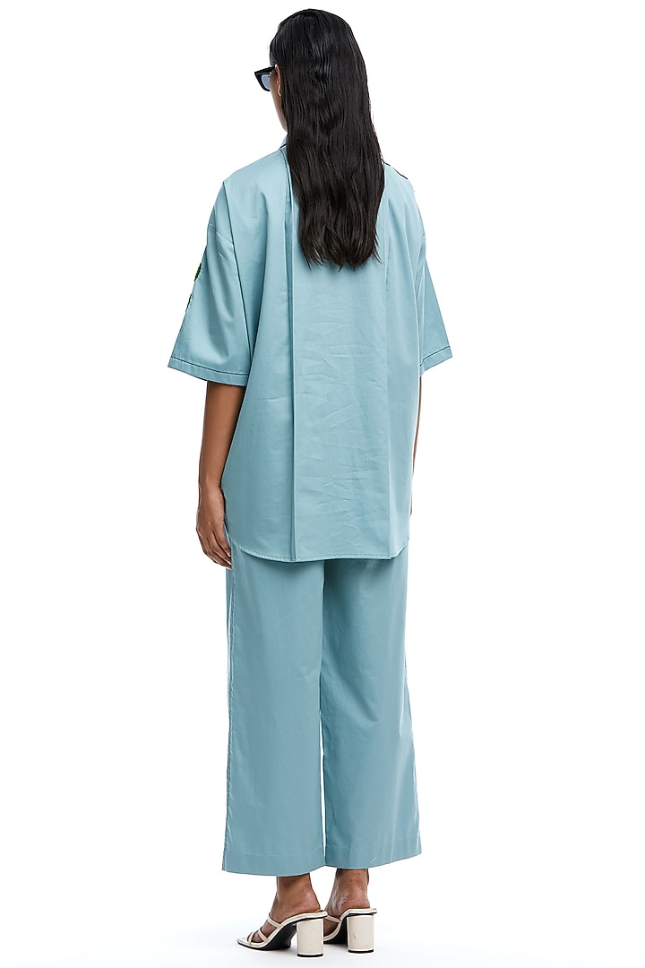 Blue Cotton Ruched Embellished Shirt by Kanika Goyal at Pernia's Pop Up Shop