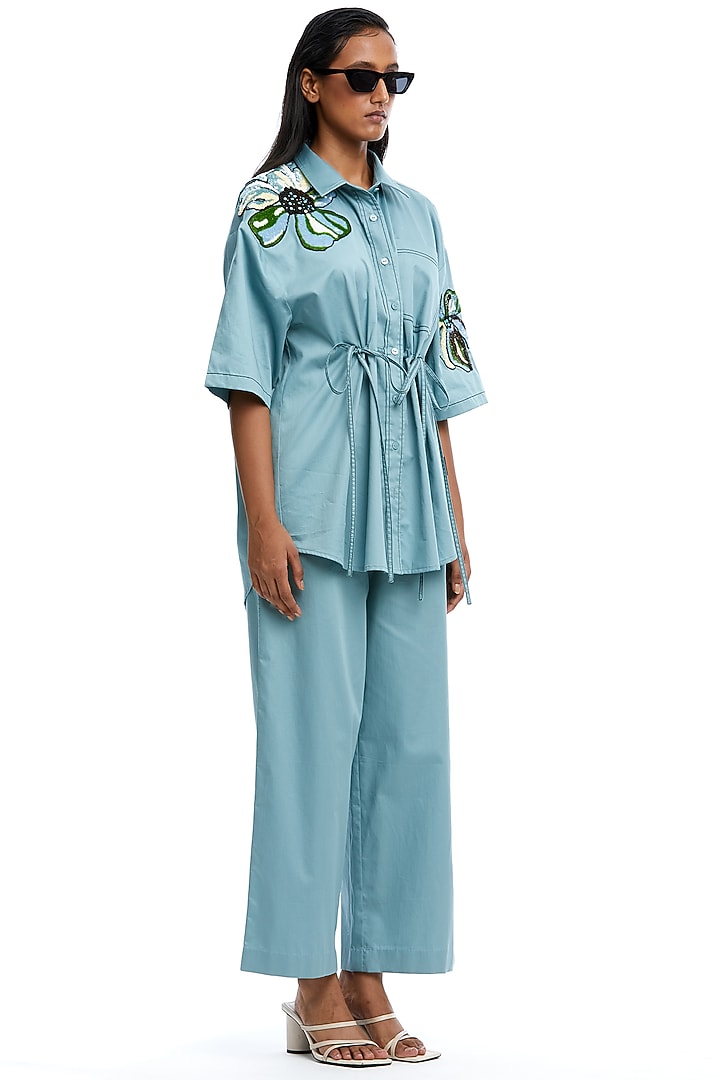 Blue Cotton Ruched Embellished Shirt by Kanika Goyal at Pernia's Pop Up Shop