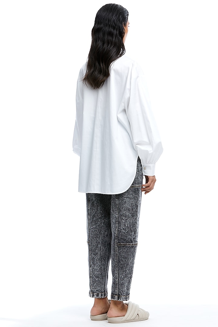 White Cotton Denim Applique Oversized Shirt by Kanika Goyal at Pernia's Pop Up Shop