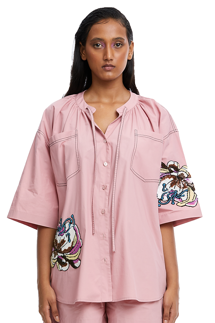 Pink Cotton Embellished Shirt by Kanika Goyal at Pernia's Pop Up Shop