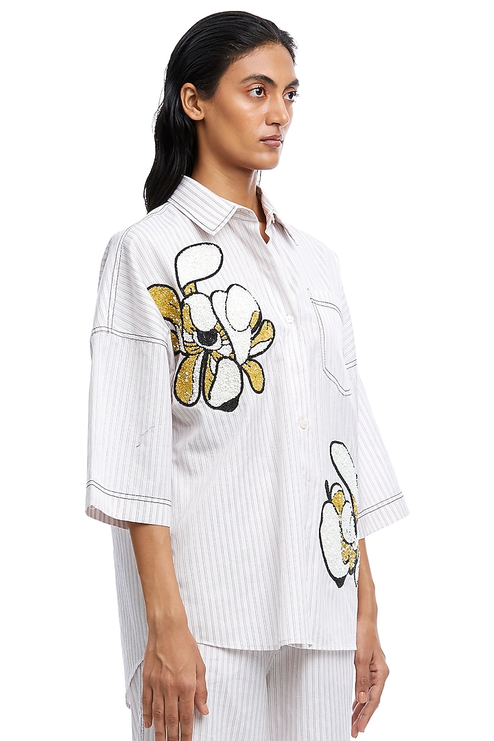 White Cotton Printed & Embellished Co-Ord Set by Kanika Goyal at Pernia's Pop Up Shop