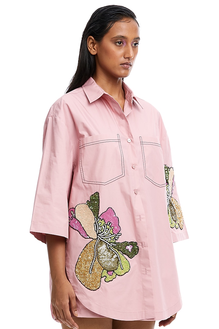 Pink Cotton Embellished Oversized Shirt by Kanika Goyal at Pernia's Pop Up Shop