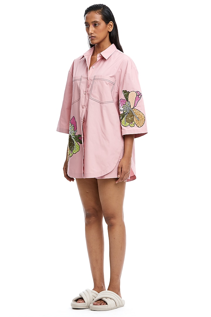 Pink Cotton Embellished Oversized Shirt by Kanika Goyal at Pernia's Pop Up Shop