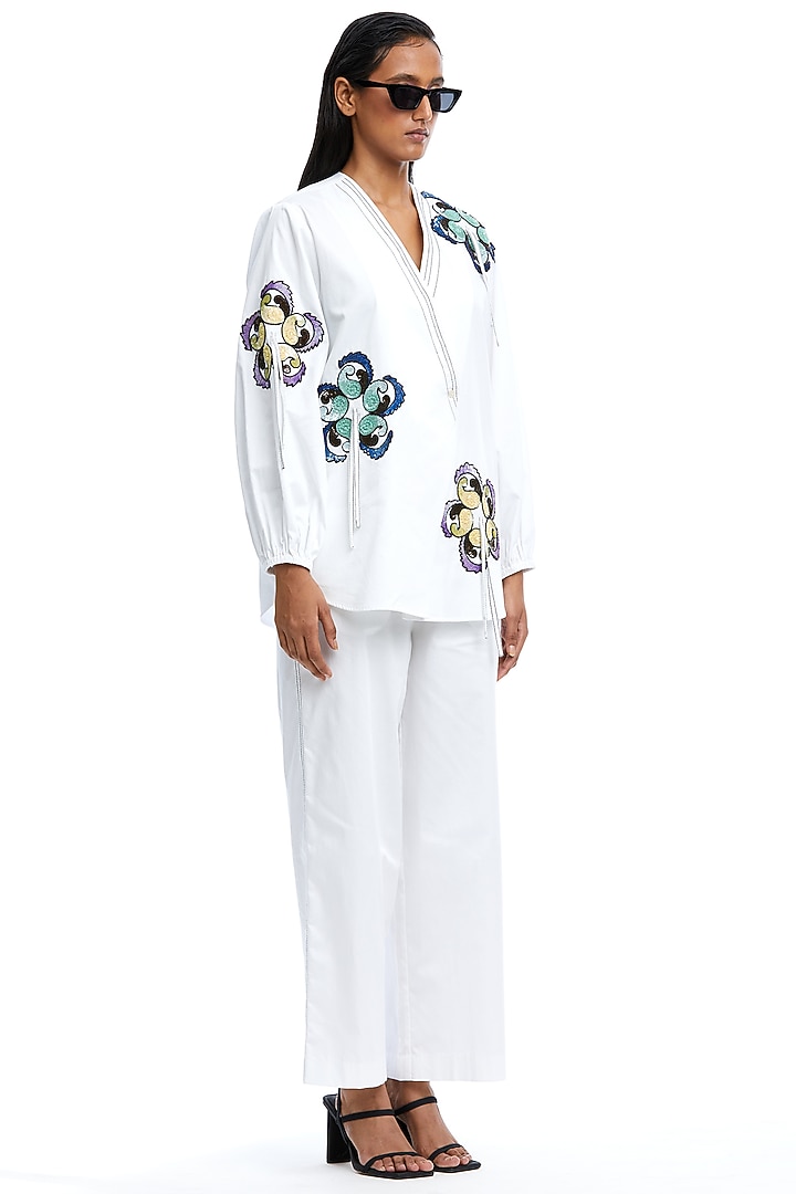 White Cotton Embellished Wrapped Shirt by Kanika Goyal at Pernia's Pop Up Shop