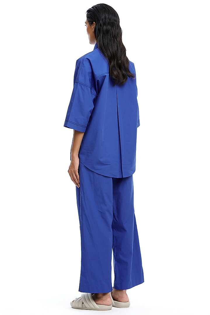 Blue Cotton Embellished Oversized Shirt by Kanika Goyal at Pernia's Pop Up Shop