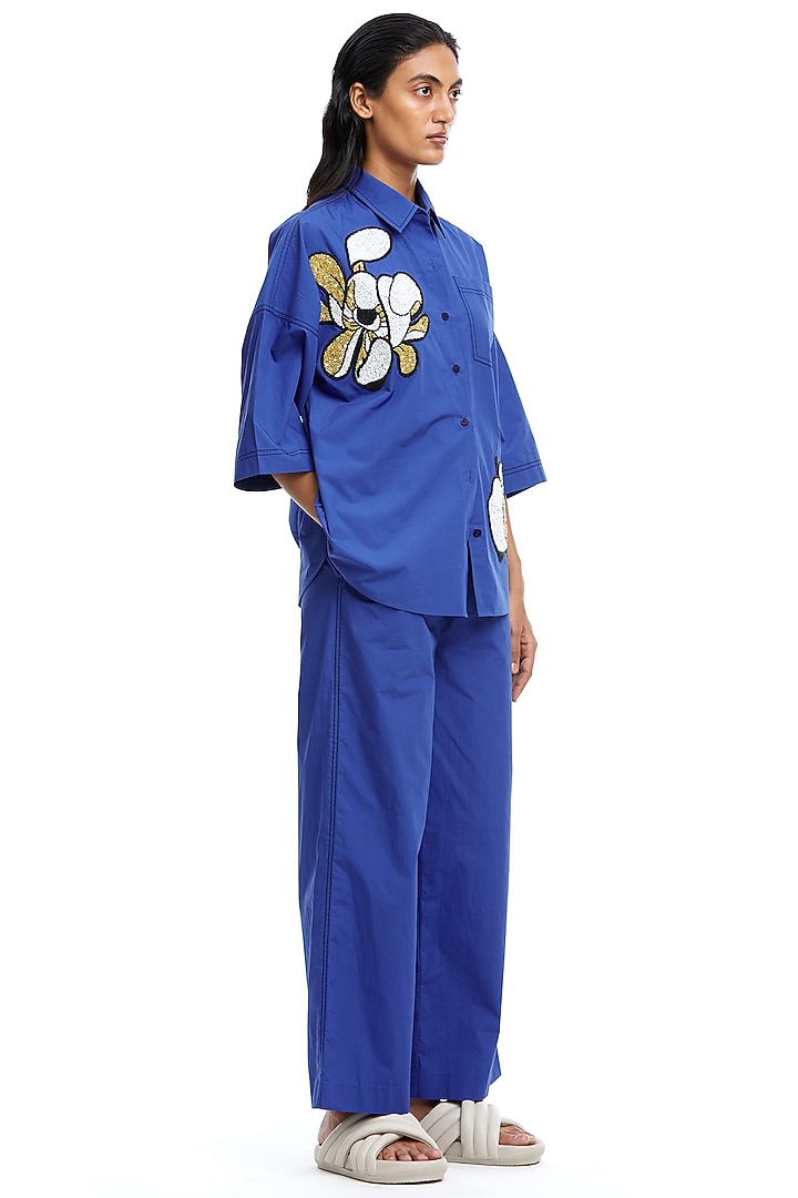 Blue Cotton Embellished Oversized Shirt by Kanika Goyal at Pernia's Pop Up Shop