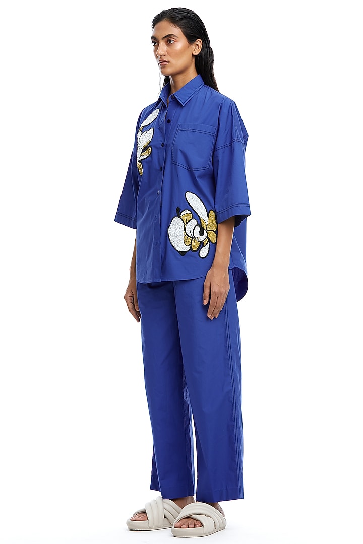 Blue Cotton Embellished Oversized Shirt by Kanika Goyal at Pernia's Pop Up Shop