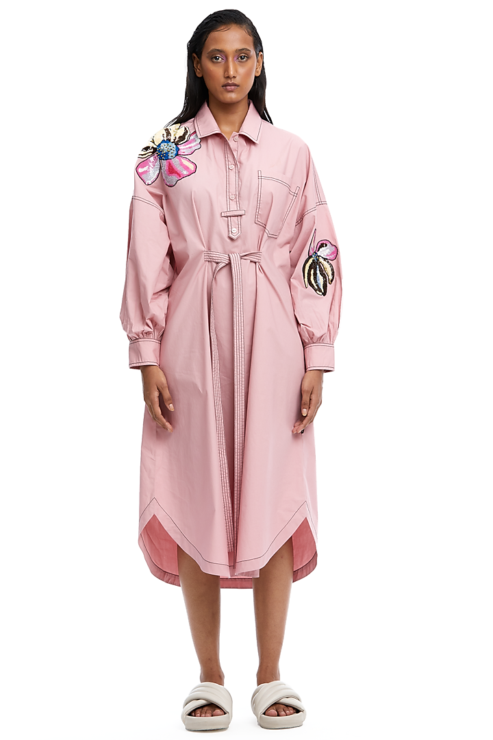 Pink Cotton Embellished Dress by Kanika Goyal at Pernia's Pop Up Shop