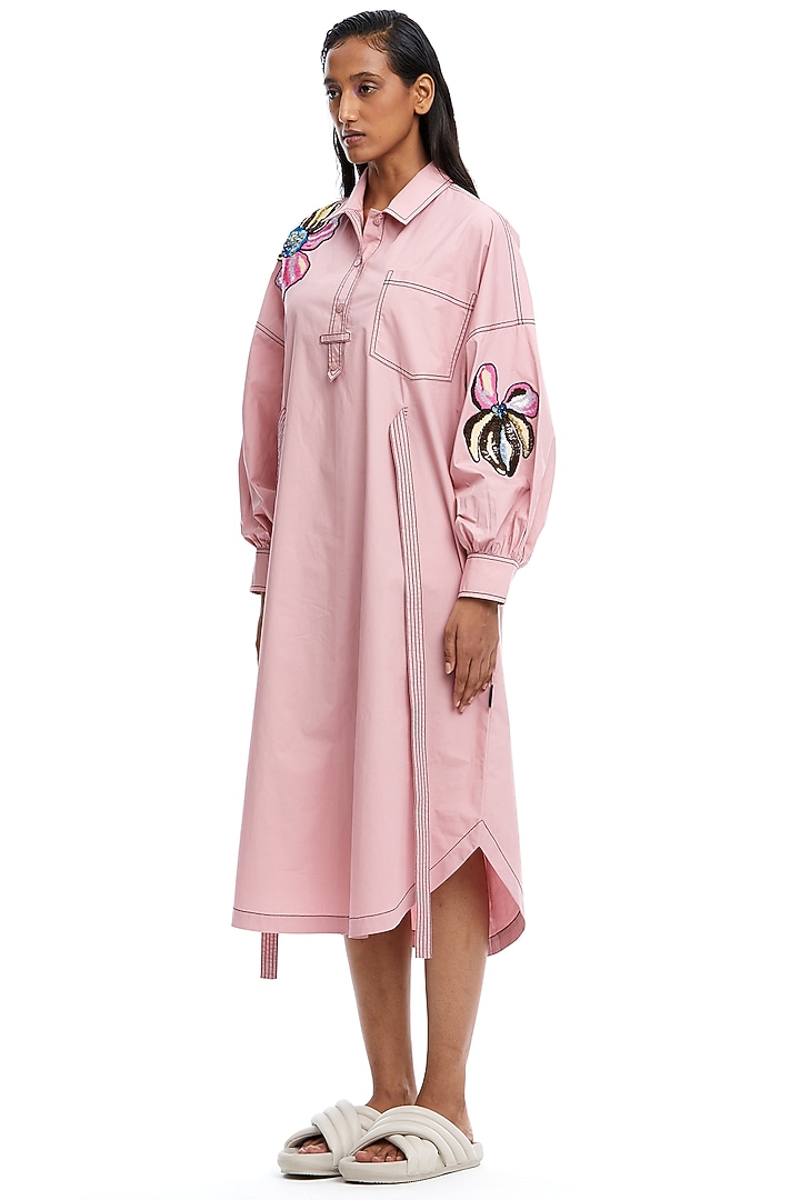 Pink Cotton Embellished Vacation Dress by Kanika Goyal at Pernia's Pop Up Shop