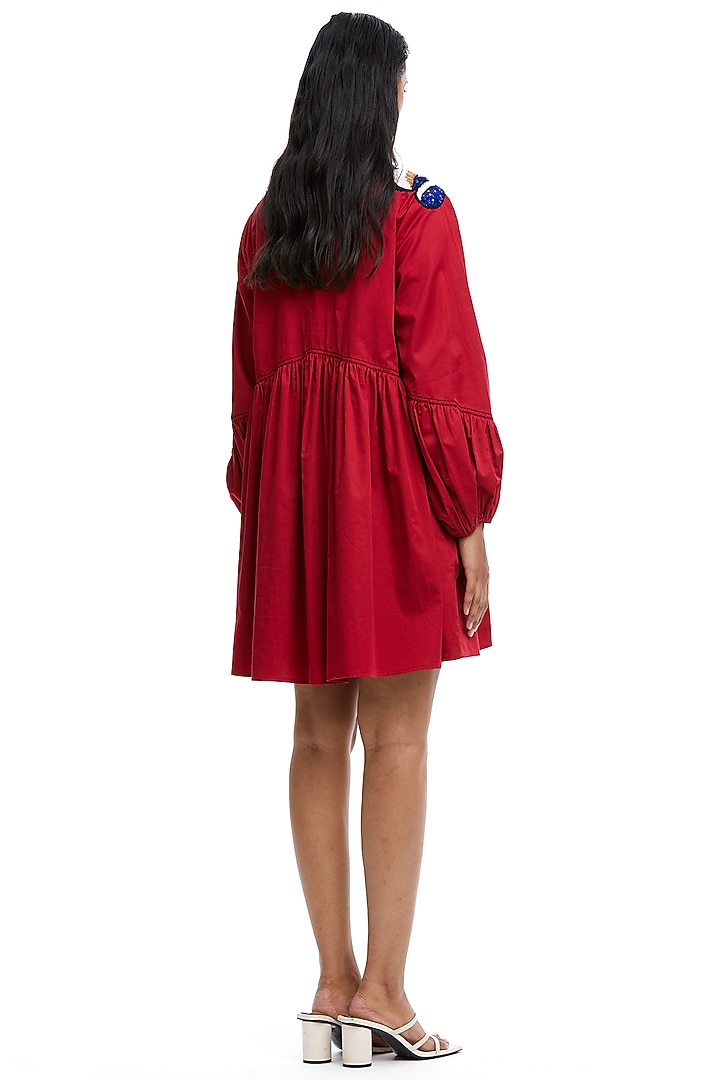 Red Cotton Embellished Gathered Vacation Dress by Kanika Goyal at Pernia's Pop Up Shop