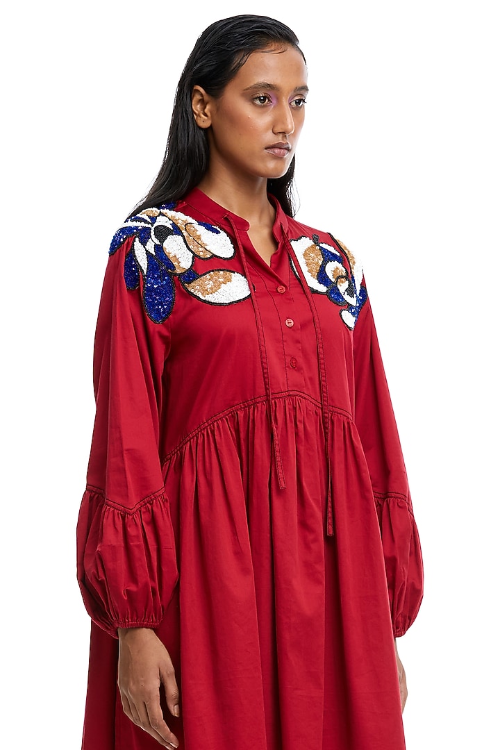 Red Cotton Embellished Gathered Vacation Dress by Kanika Goyal at Pernia's Pop Up Shop