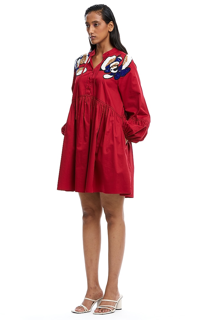 Red Cotton Embellished Gathered Vacation Dress by Kanika Goyal at Pernia's Pop Up Shop
