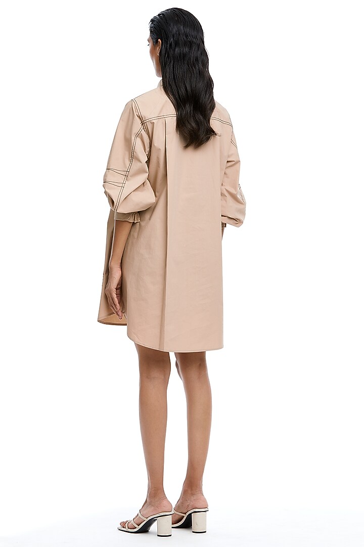 Beige Cotton Embelllished Vacation Shirt Dress by Kanika Goyal at Pernia's Pop Up Shop