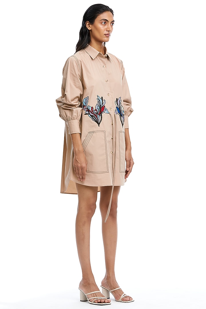 Beige Cotton Embelllished Vacation Shirt Dress by Kanika Goyal at Pernia's Pop Up Shop