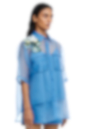 Blue Organza Embellished Shirt by Kanika Goyal at Pernia's Pop Up Shop