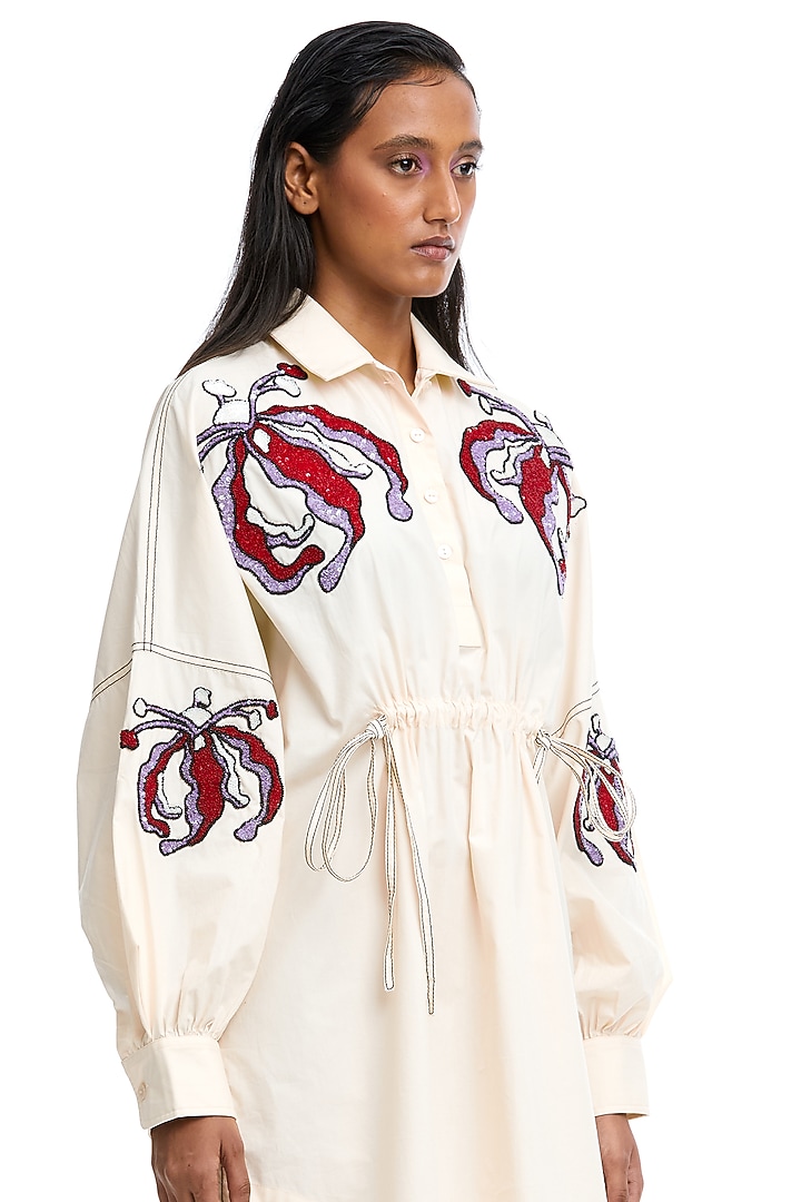 Off-White Cotton Embellished Vacation Shirt Dress by Kanika Goyal at Pernia's Pop Up Shop