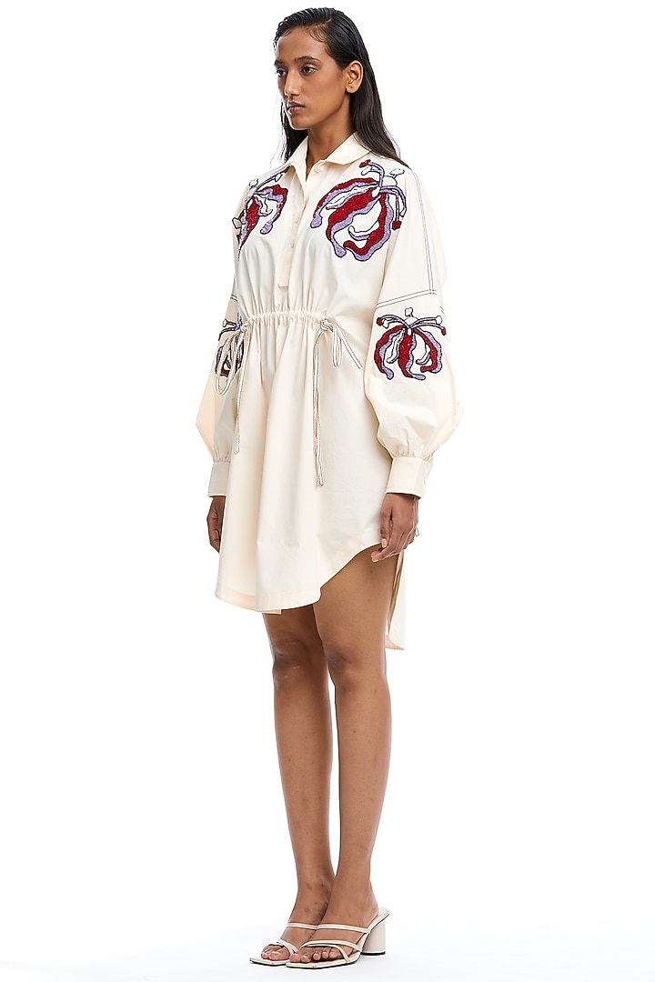 Off-White Cotton Embellished Vacation Shirt Dress by Kanika Goyal at Pernia's Pop Up Shop