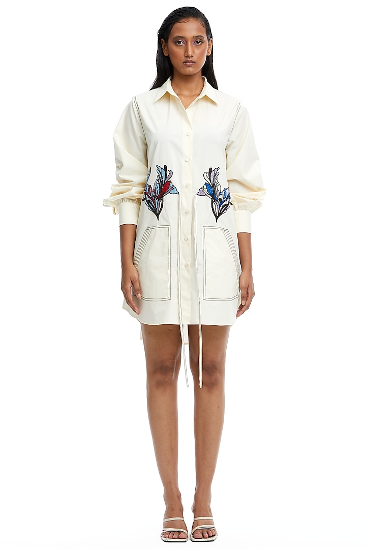 Off-White Cotton Embellished Shirt Dress by Kanika Goyal at Pernia's Pop Up Shop