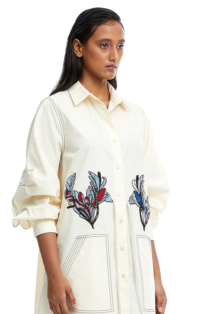 Off-White Cotton Embellished Vacation Shirt Dress by Kanika Goyal at Pernia's Pop Up Shop