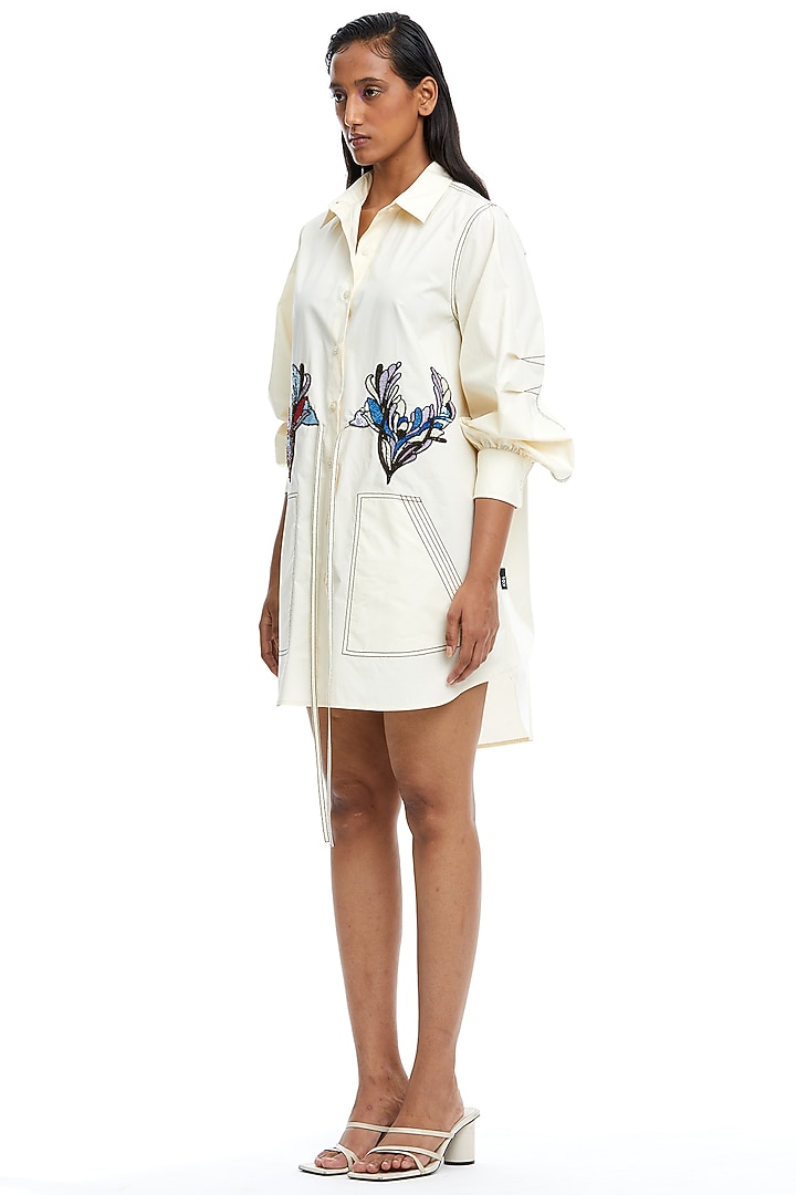 Off-White Cotton Embellished Vacation Shirt Dress by Kanika Goyal at Pernia's Pop Up Shop