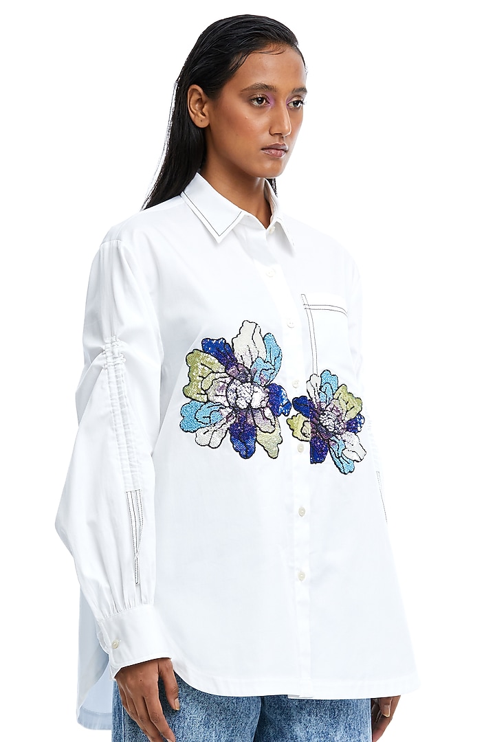 White Cotton Embellished Shirt by Kanika Goyal at Pernia's Pop Up Shop