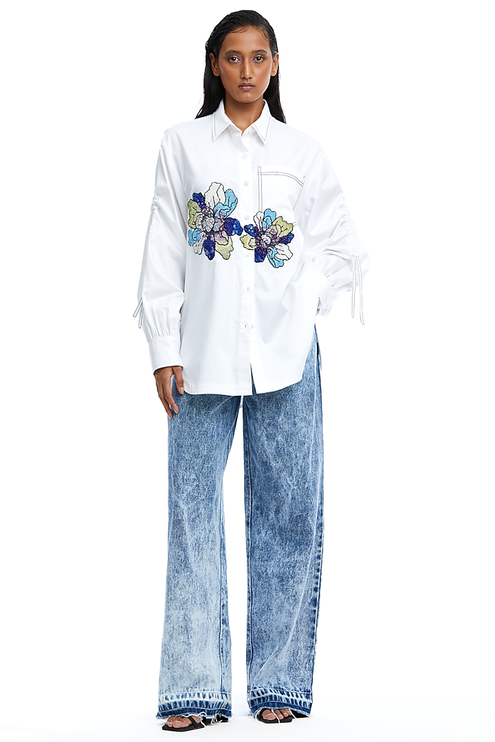 White Cotton Embellished Shirt by Kanika Goyal at Pernia's Pop Up Shop