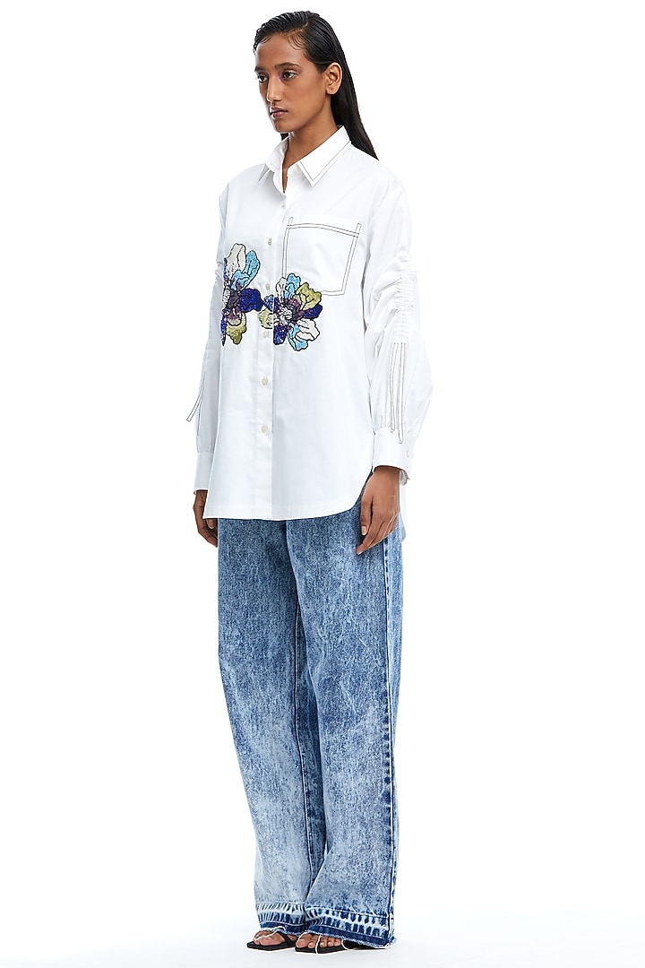White Cotton Embellished Shirt by Kanika Goyal at Pernia's Pop Up Shop