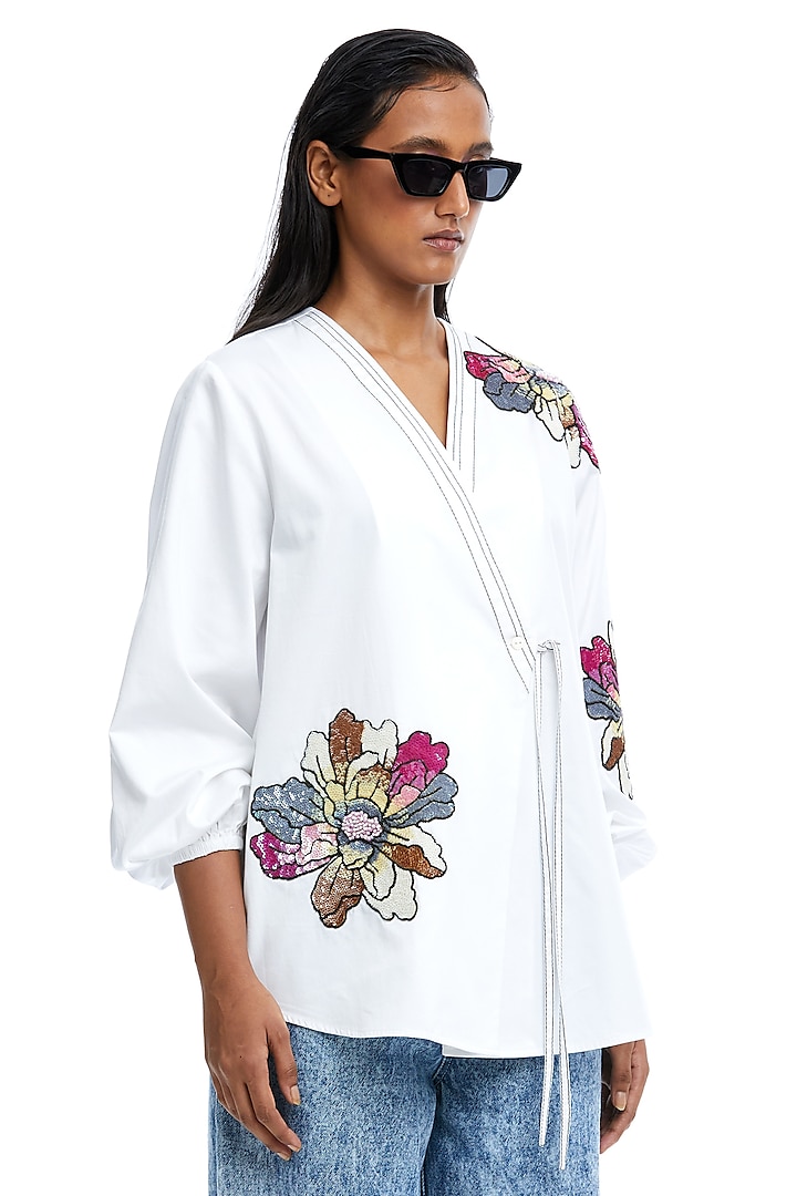 White Cotton Embellished Wrapped Shirt by Kanika Goyal at Pernia's Pop Up Shop