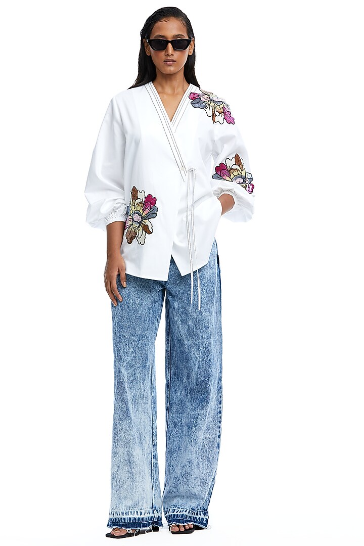 White Cotton Embellished Wrapped Shirt by Kanika Goyal at Pernia's Pop Up Shop