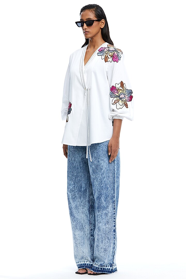 White Cotton Embellished Wrapped Shirt by Kanika Goyal at Pernia's Pop Up Shop