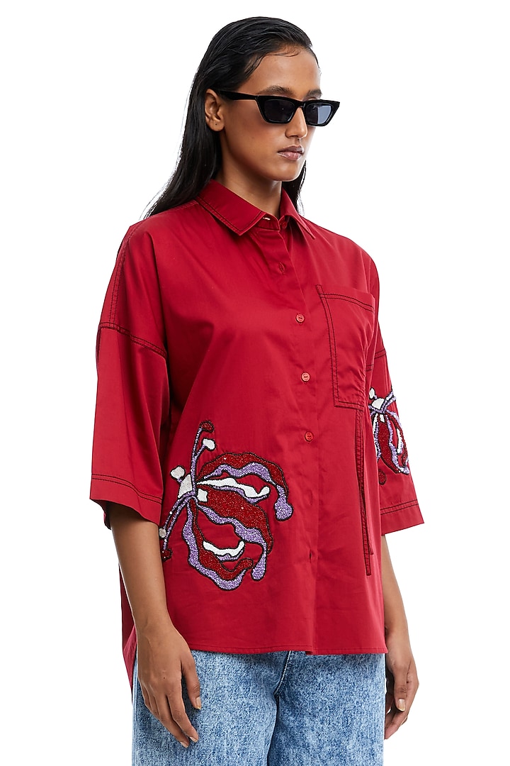 Red Cotton Embellished Shirt by Kanika Goyal at Pernia's Pop Up Shop