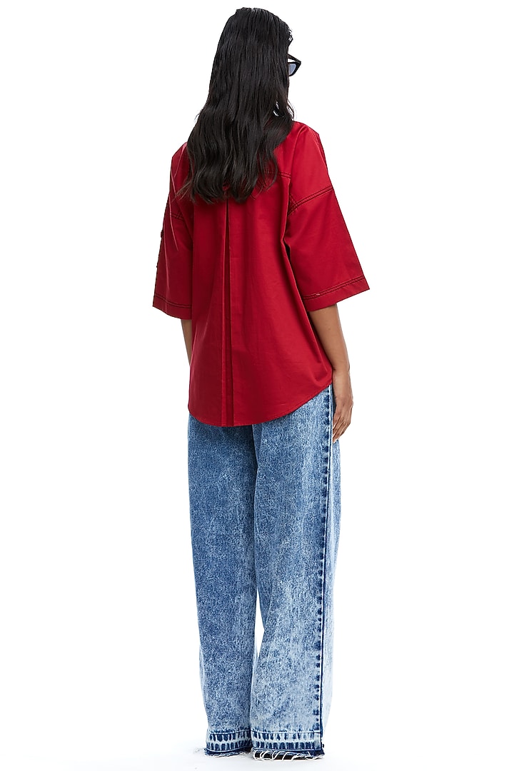 Red Cotton Embellished Shirt by Kanika Goyal at Pernia's Pop Up Shop