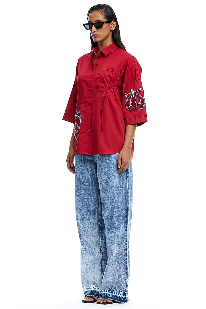 Red Cotton Embellished Shirt by Kanika Goyal at Pernia's Pop Up Shop