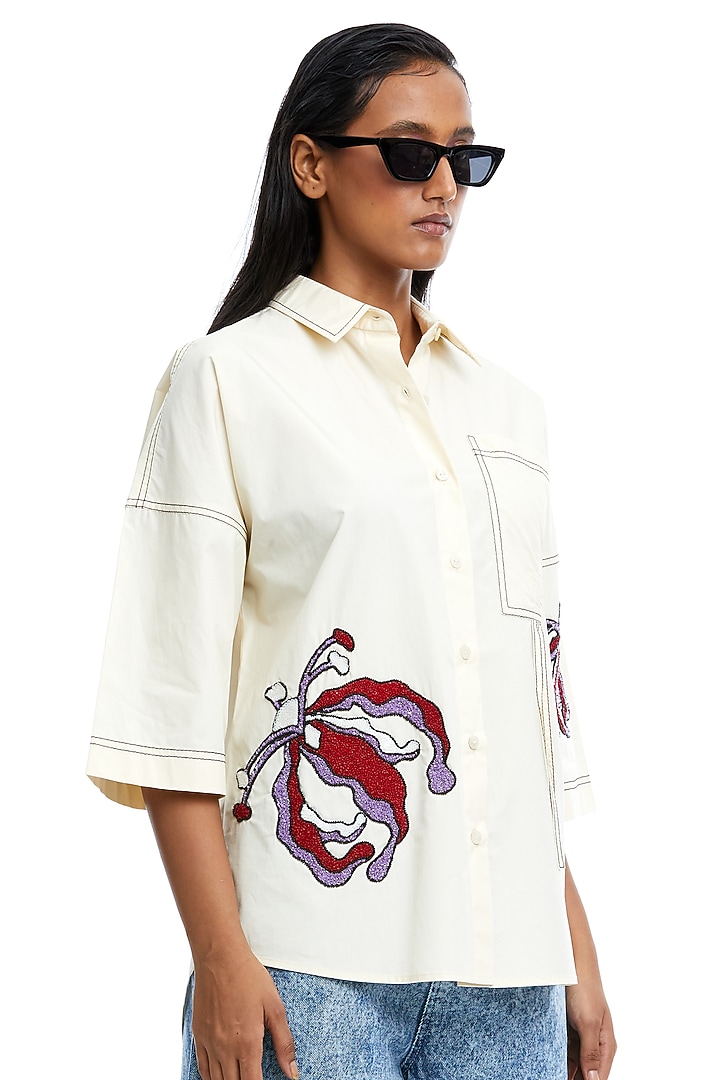 Off-White Cotton Embellished Shirt by Kanika Goyal at Pernia's Pop Up Shop