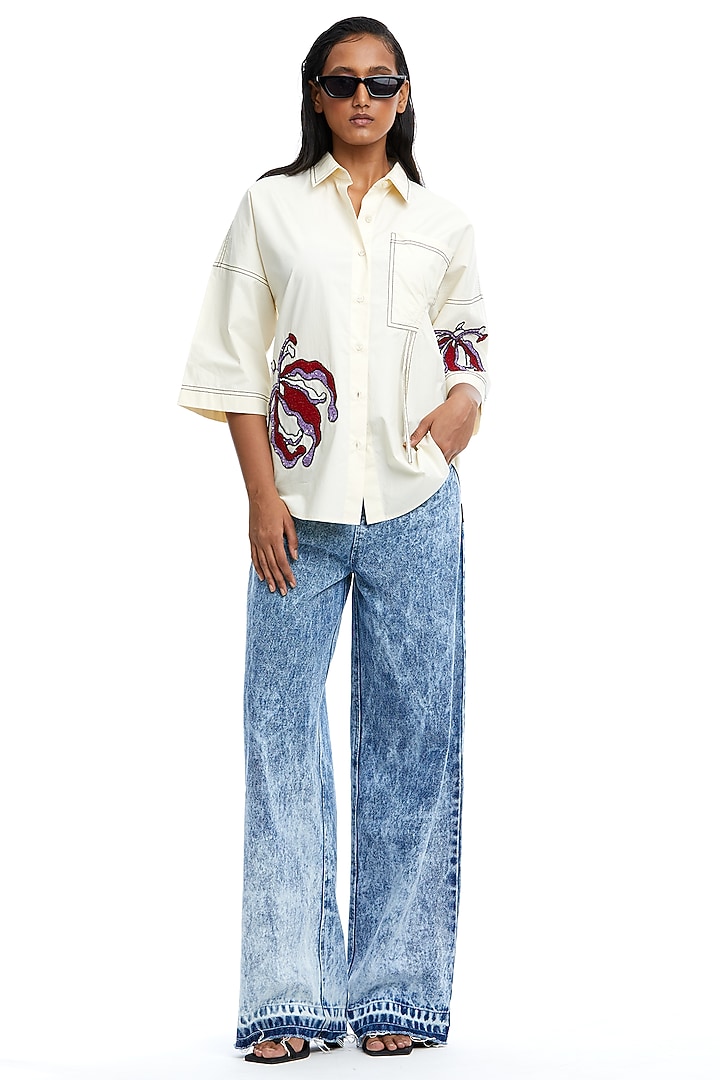 Off-White Cotton Embellished Shirt by Kanika Goyal at Pernia's Pop Up Shop