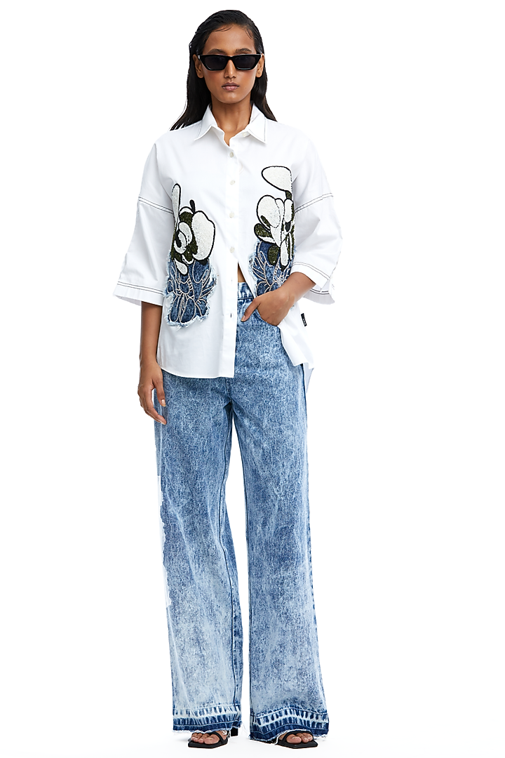 White Cotton Embellished Shirt by Kanika Goyal at Pernia's Pop Up Shop