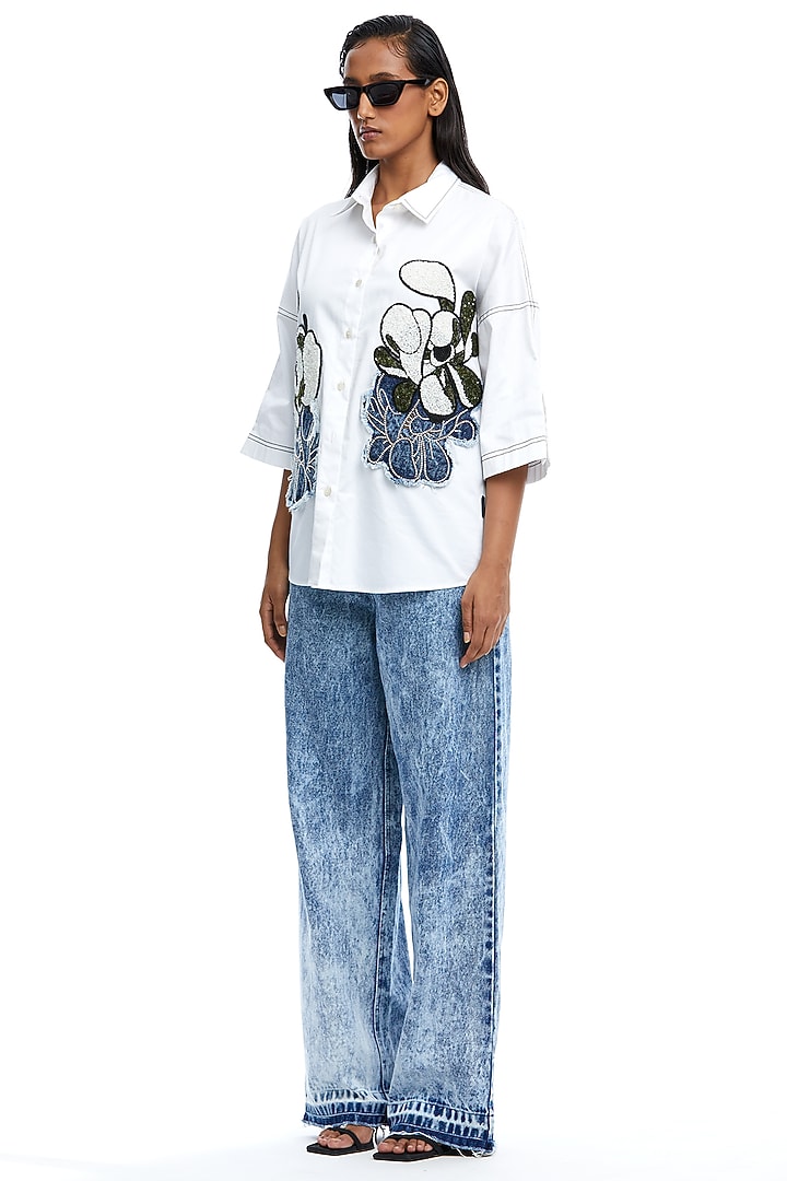 White Cotton Embellished Shirt by Kanika Goyal at Pernia's Pop Up Shop