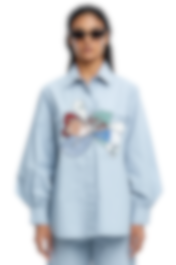Blue Cotton Embellished Oversized Shirt by Kanika Goyal at Pernia's Pop Up Shop