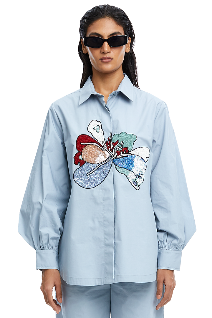 Blue Cotton Embellished Oversized Shirt by Kanika Goyal at Pernia's Pop Up Shop