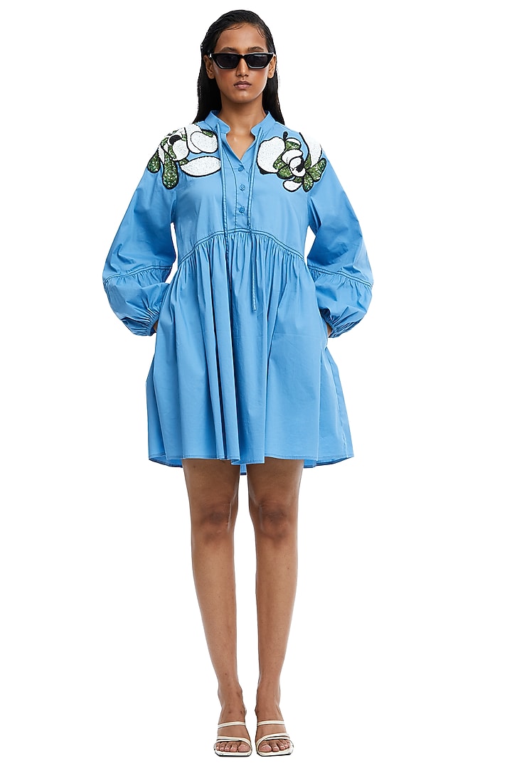 Blue Cotton Embellished Gathered Vacation Dress by Kanika Goyal at Pernia's Pop Up Shop